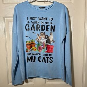 Lilicloth Light Blue Cat and Garden Prints  Sweatshirt Oversized Sz Small